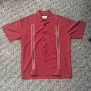Red button up Hawaiian shirt with bamboo embroidery